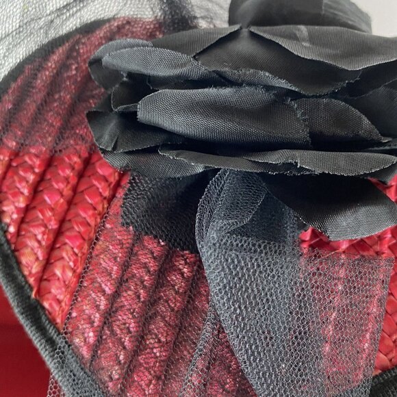 Tropical Beach Resort Chic Red Black Straw Clamshell Shoulder Tote Large Bag VTG - Picture 4 of 13